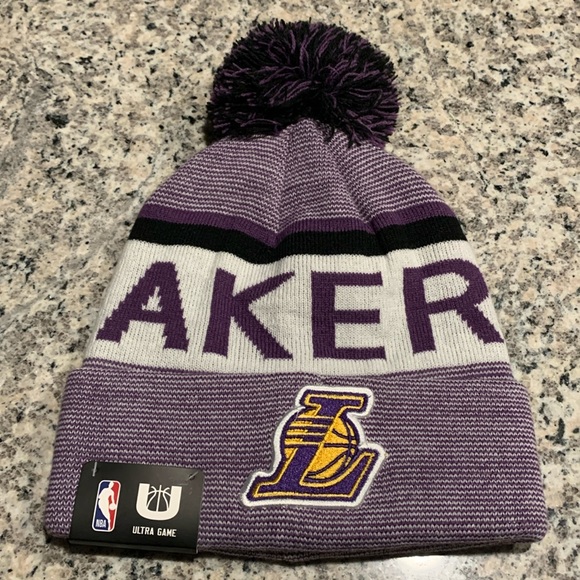 LA Lakers NBA Ultra Game Winter Cuffed Knit Pom Skull Cap Purple OSFM - Picture 3 of 12